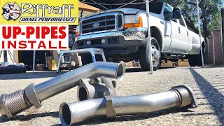 2001 F350 73  RiffRaff UpPipes Install  Stock up pipes leaking and falling apart JUNK SP [upl. by Klenk365]